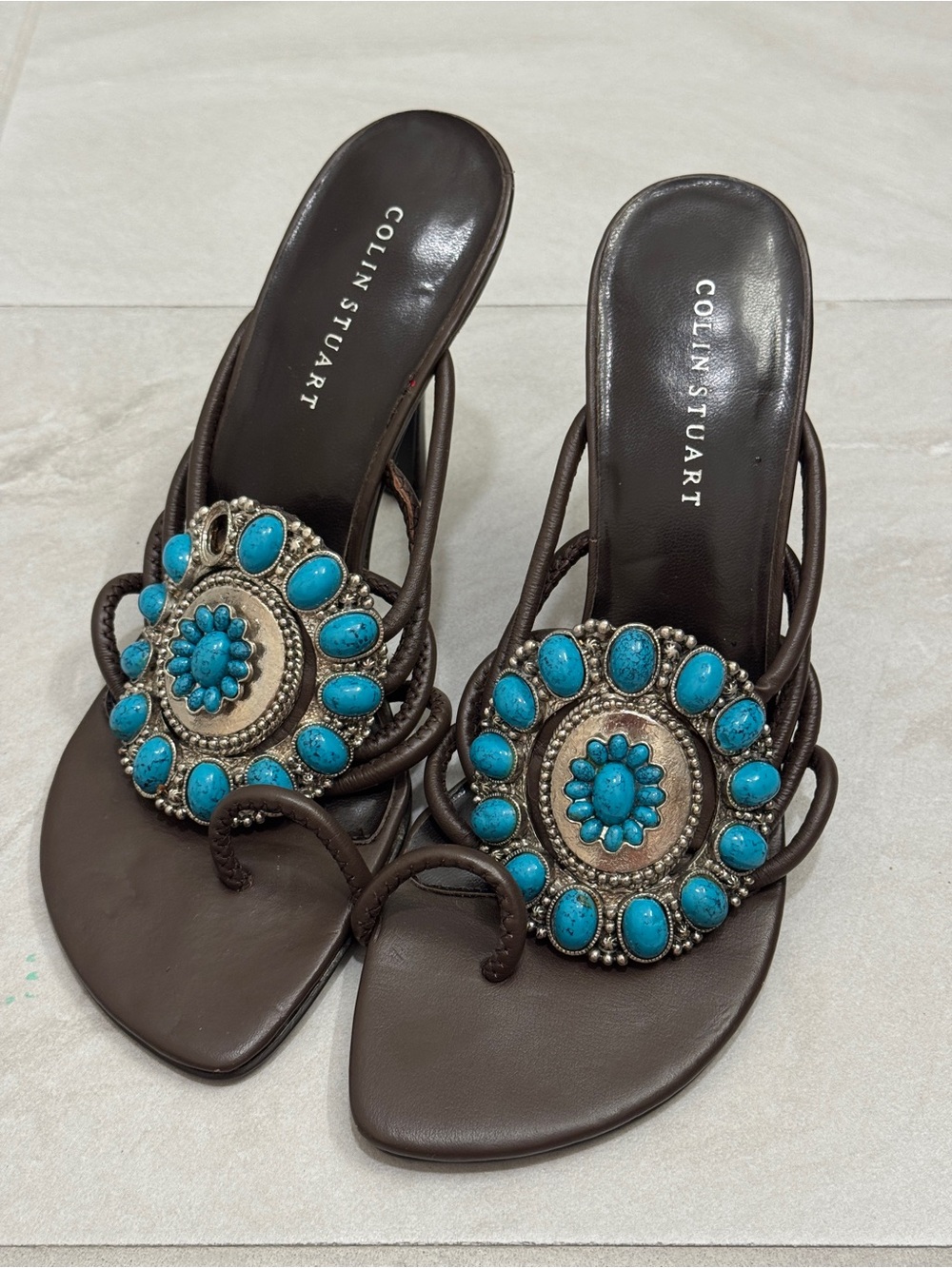 Colin Stuart Boho Brown Heeled Sandals with Turquoise Medallion